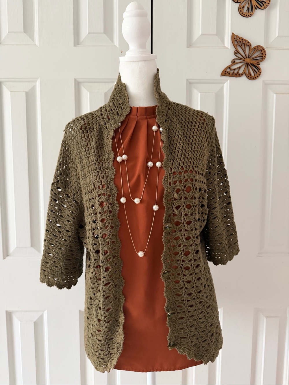 Olive Crochet Openwork Cardigan Shrug